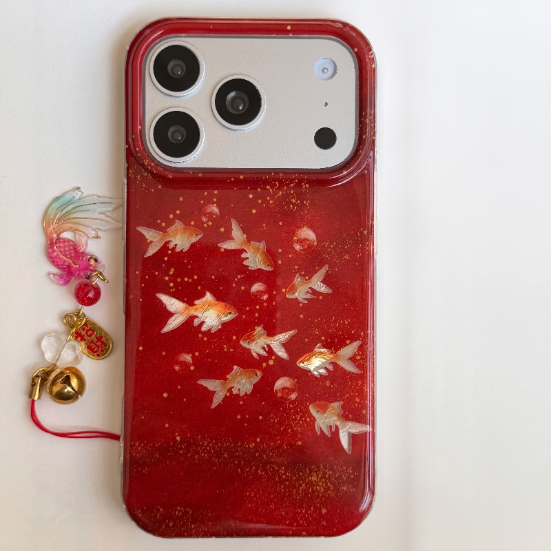 Phone Cases Redbubble - 幸運の赤いグリッターゴールドフィッシュ＆バブルフォーチュンチャームベルチャーム付きiPhone 17 16 15 14 11