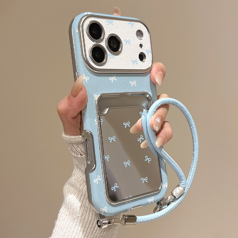 Phone Cases With Wallet - 可愛いリボン付きミラーカードホルダー付きiPhone17/16/15/14/13 Pro Max用スマホケース、ブルーリボンウォレットカードスロットケース、リストストラップ付き