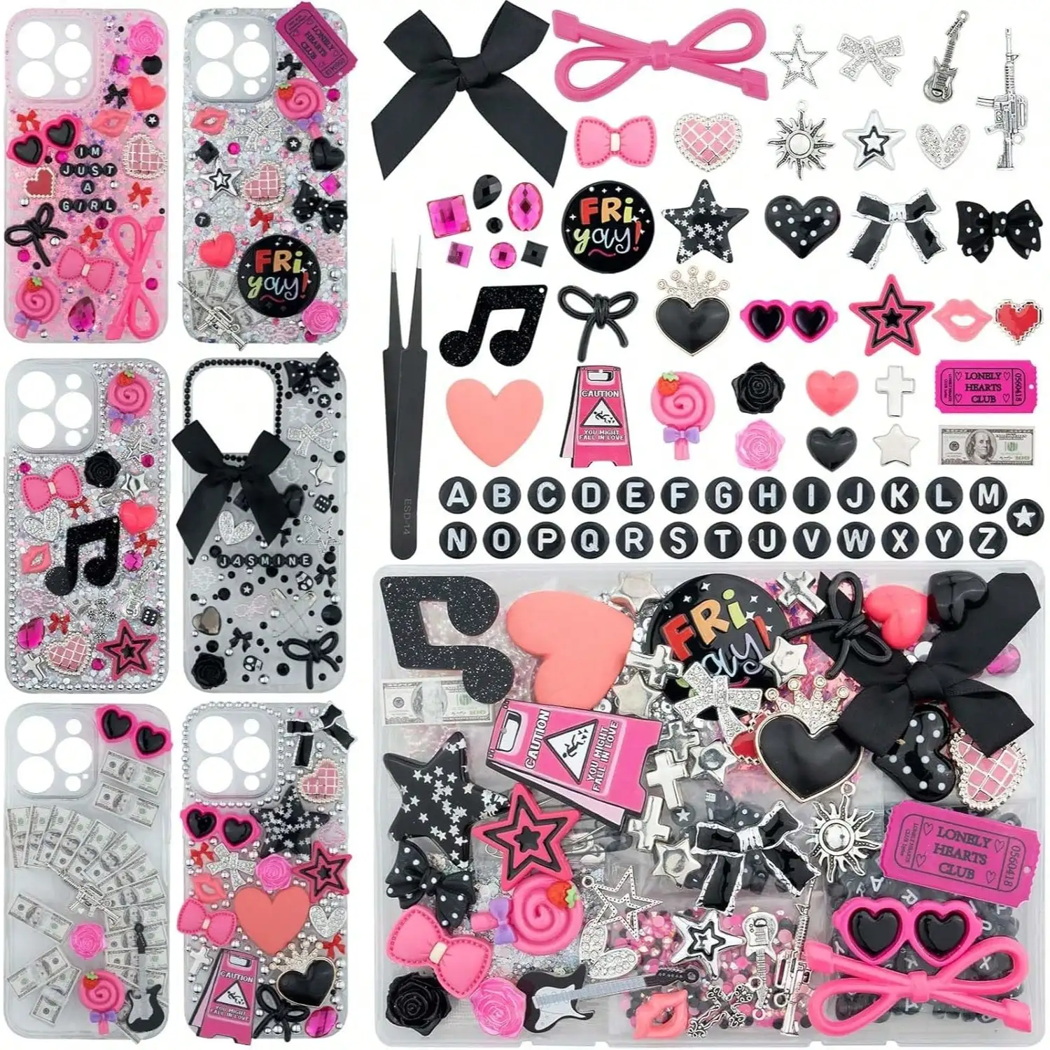 Phone Cases Junk - 1050個入り ジャンクフォンケースチャームキット、ケースカスタマイズ用チャーム、可愛いリボン、文字ビーズ、ネイルアクセサリー、フラットバックパール、ラインストーン、キュートな装飾品、パーソナライズ用