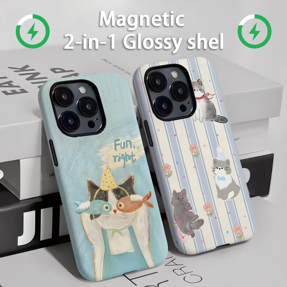 Phone Cases Cute - かわいい猫と犬のスマホケース マグネット式 2-in-1 光沢シェル iPhone 16e
