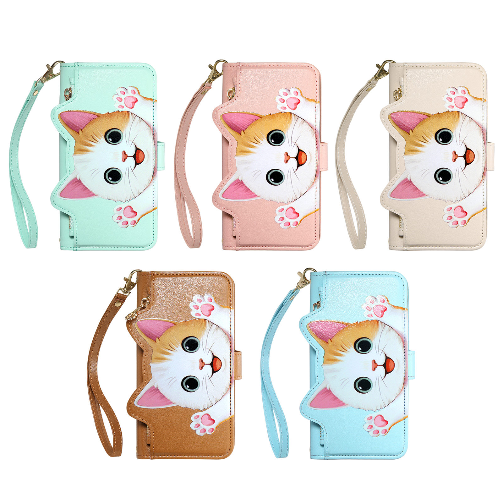 Phone Cases With Wallet - 可愛い猫柄PUレザー ジッパー付きリストストラップ フリップウォレット カードスロット付き携帯ケース Motorola MOTO