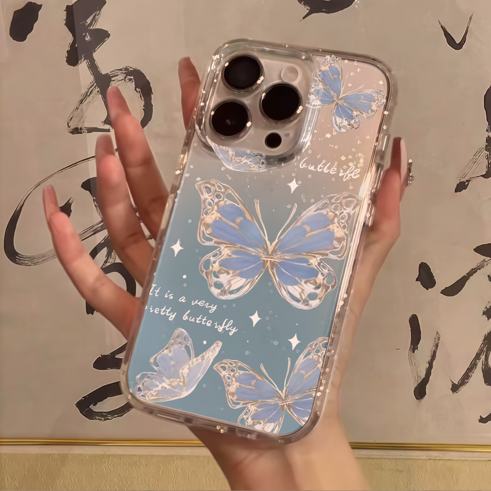 Phone Cases Expensive - 高級ブルーバタフライクリアグリッターフォンケース iPhone 17 13 16 15