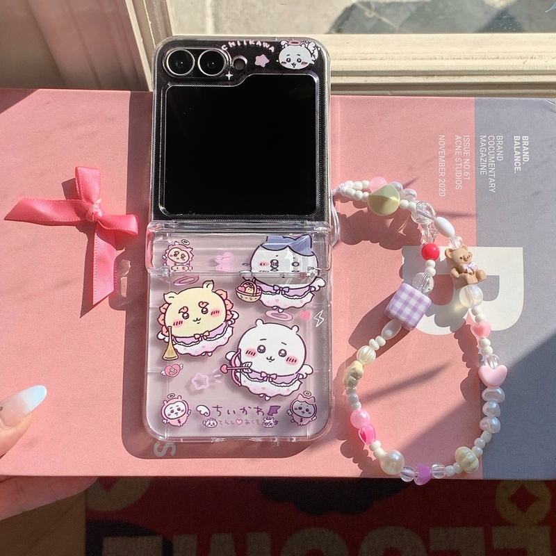 Phone Cases With Wallet - 可愛い漫画アニメ「ちいかわうさぎ」ハチワレカードウォレットポケット付きスマホケース、Samsung Galaxy Z Flip 7/6/5/4/3用、ストラップ付きカバー