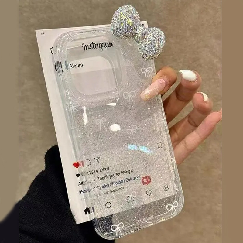 Phone Cases Expensive - ラグジュアリーなキラキラパウダー3Dフルダイヤモンドボウフォンケース iPhone 17 Air 16 15