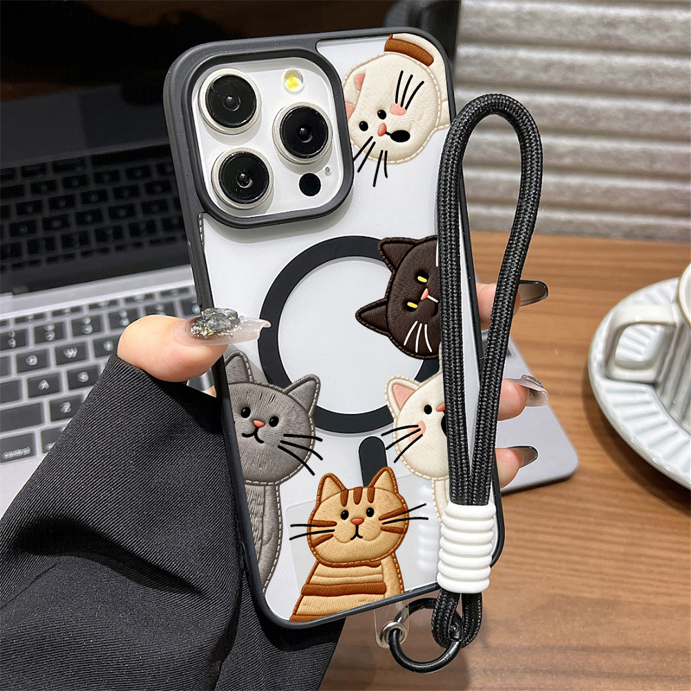 Phone Cases Cute - 可愛いフェイク刺繍猫柄iPhoneケース iPhone 15 16 12 14