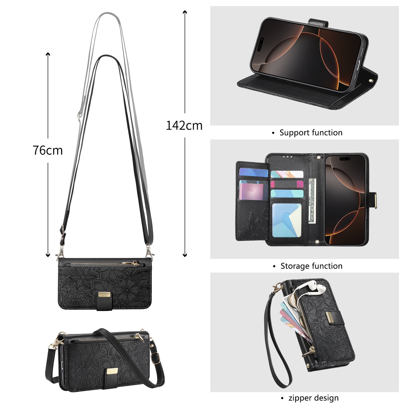 レザー製ジッパー付きクロスボディフリップウォレットカードスロ - Phone Cases With Wallet のレビューと価格