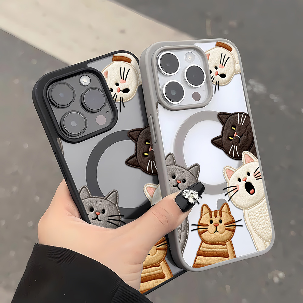 可愛いフェイク刺繍猫柄iPhoneケース iPhone 15 - Phone Cases Cute のレビューと価格